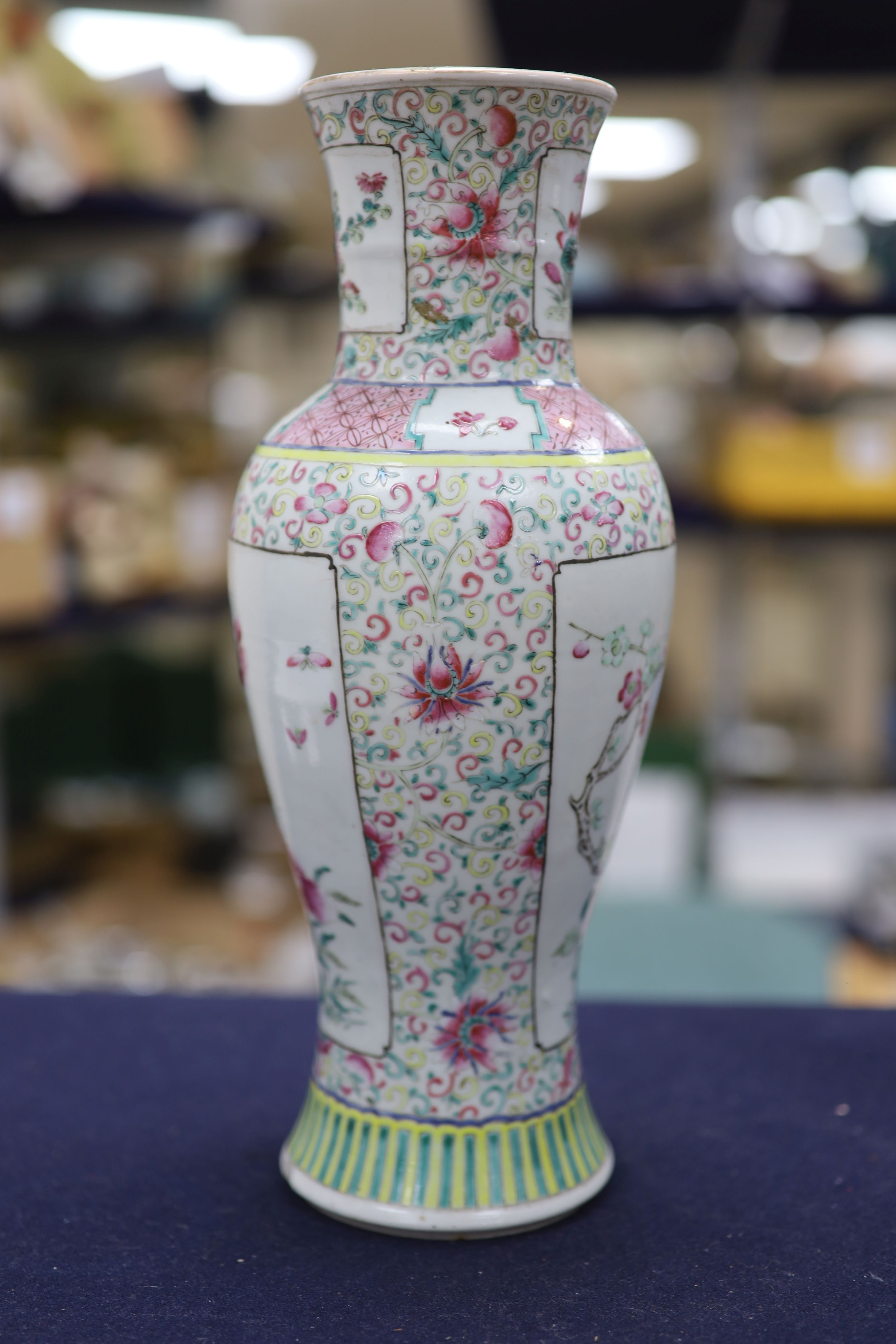 A pair of 19th century Chinese famille rose vases- ex lamp bases, height 31.5cm